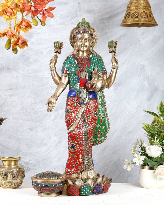 Standing Lakshmi Brass statue meenakari - 25 inch - Budhshiv.com