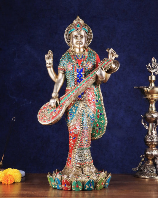 Standing Saraswati Brass Murti meenakari - 25 inch - Budhshiv.com