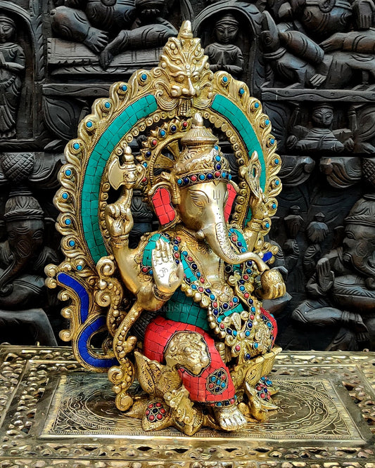 Stunning Brass Ganapati Statue on Lotus Throne with Prabhavali Arch - 15.5 - Budhshiv.com