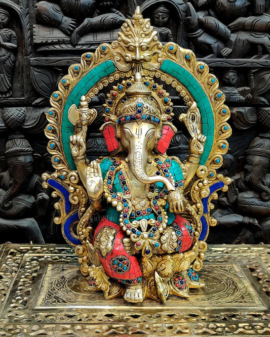 Stunning Brass Ganapati Statue on Lotus Throne with Prabhavali Arch - 15.5 - Budhshiv.com