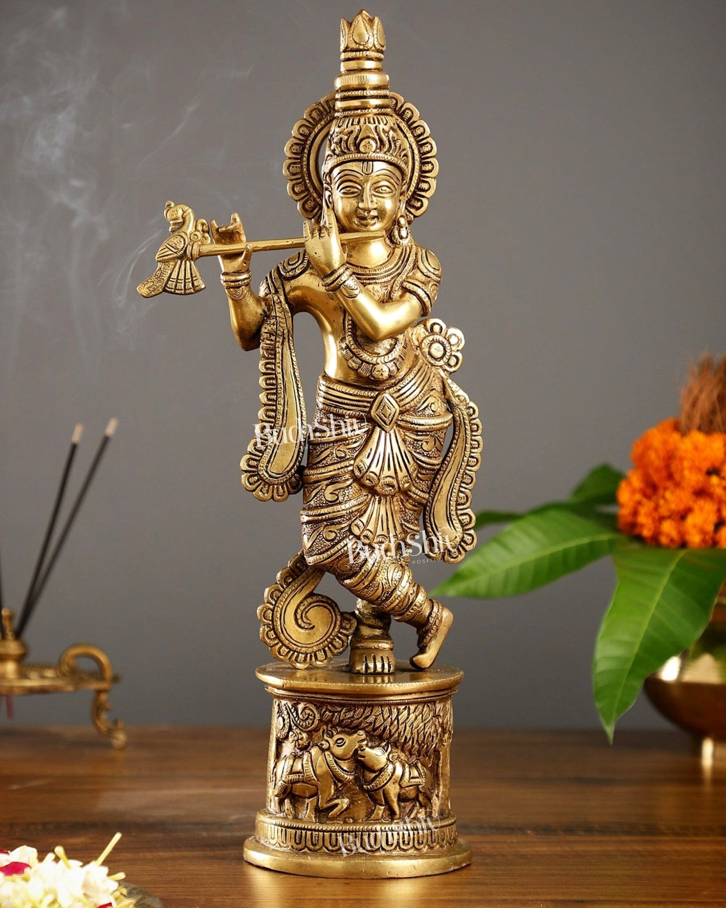Superfine 15.5 - inch Brass Lord Krishna Statue with Engraved Cow Design Base - Budhshiv.com