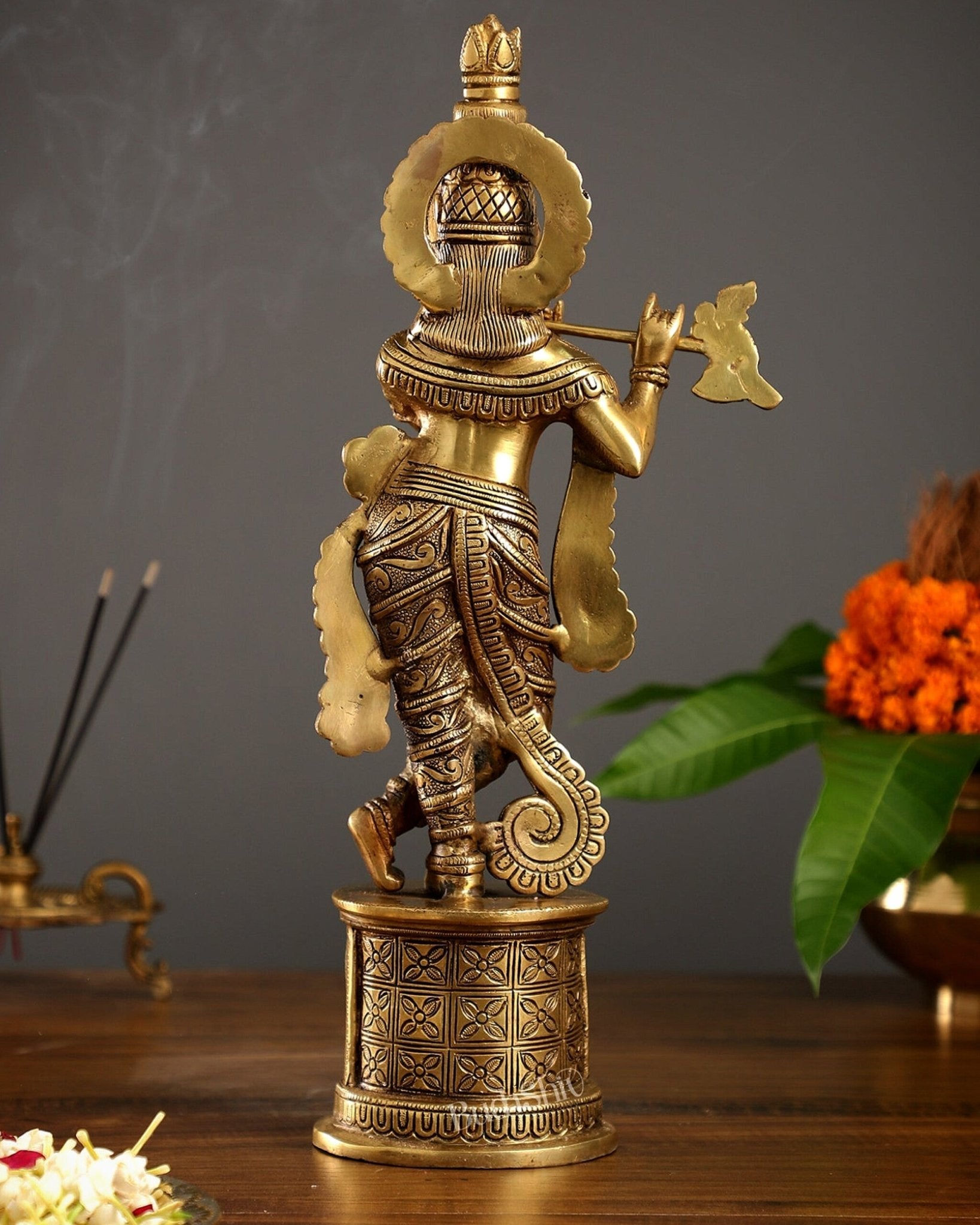 Superfine 15.5 - inch Brass Lord Krishna Statue with Engraved Cow Design Base - Budhshiv.com
