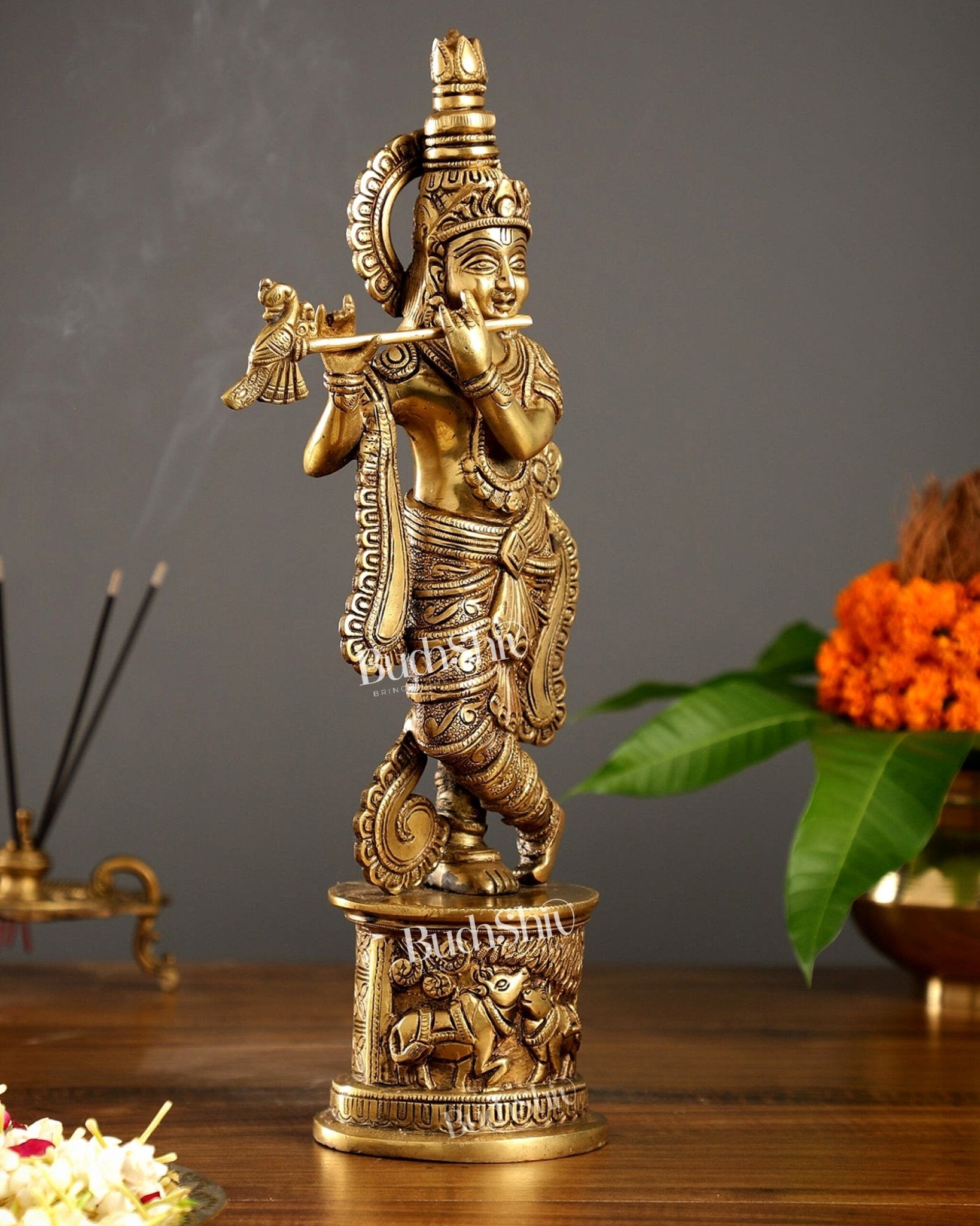 Superfine 15.5 - inch Brass Lord Krishna Statue with Engraved Cow Design Base - Budhshiv.com