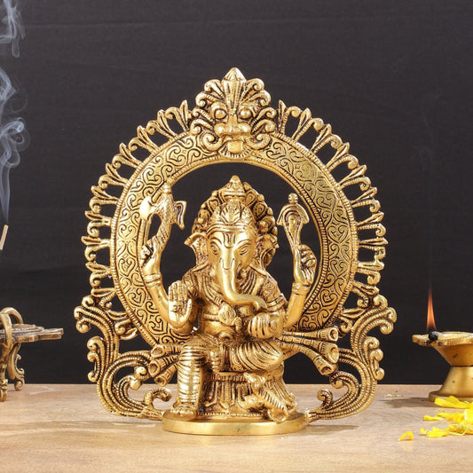 Superfine 9 - Inch Brass Lord Ganesha Statue with Arch Prabhavali - Budhshiv.com