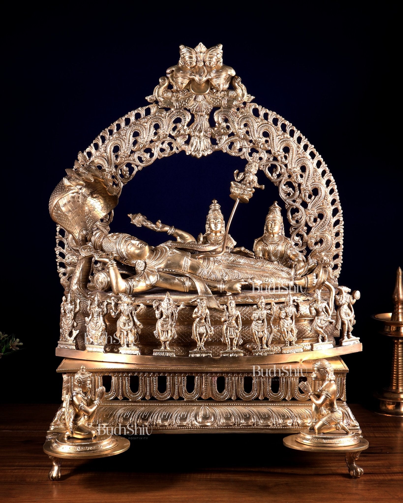 Superfine Anantashayana Vishnu in Royal Arch with Dashavatara – Hoysala Bronze Masterpiece - Budhshiv.com