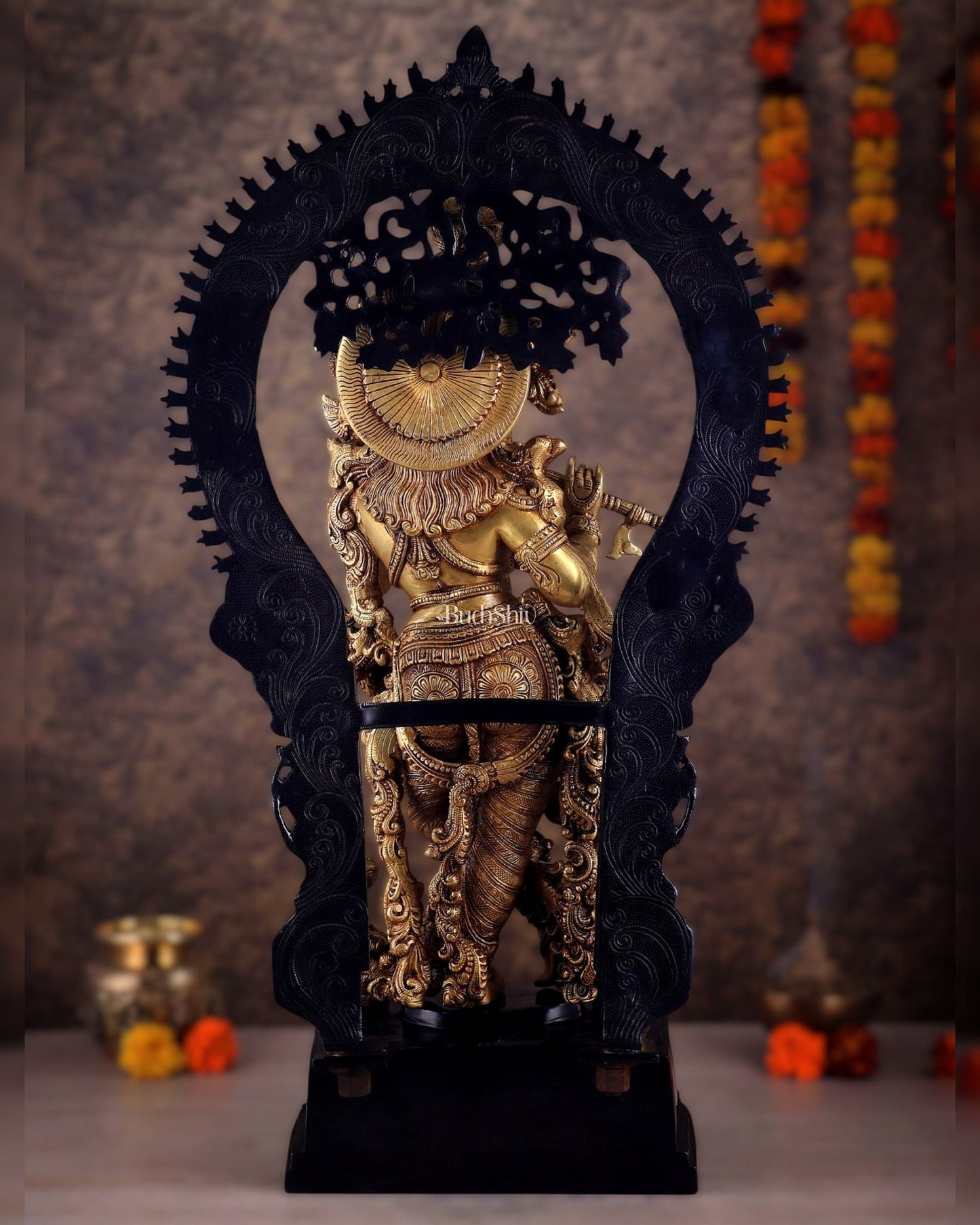 Superfine Brass dual tone Krishna Statue | Embossed Prabhaval 32" - Budhshiv.com