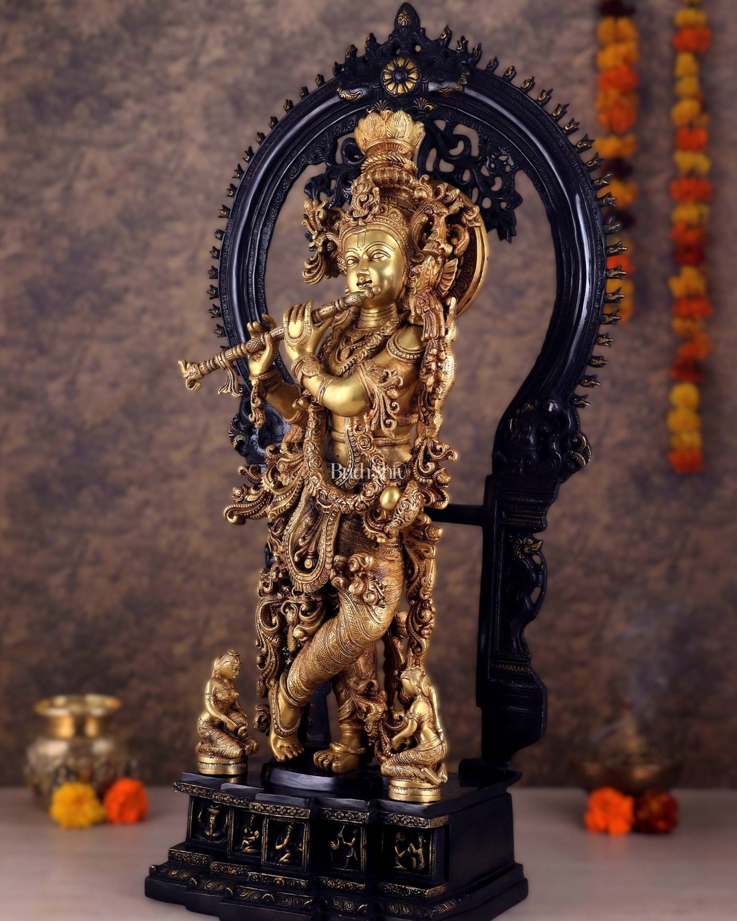 Superfine Brass dual tone Krishna Statue | Embossed Prabhaval 32" - Budhshiv.com