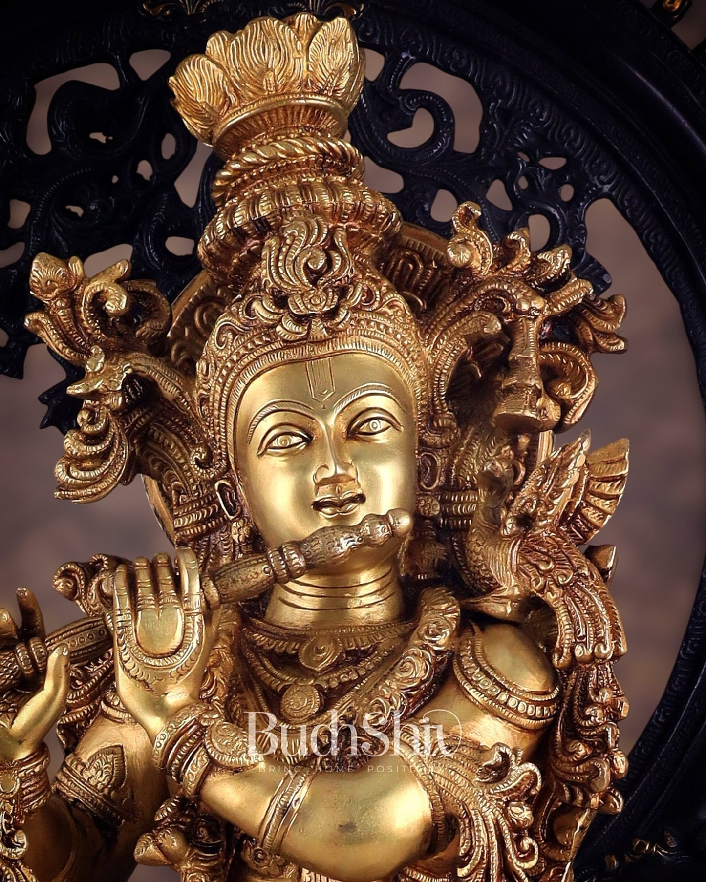Superfine Brass dual tone Krishna Statue | Embossed Prabhaval 32" - Budhshiv.com