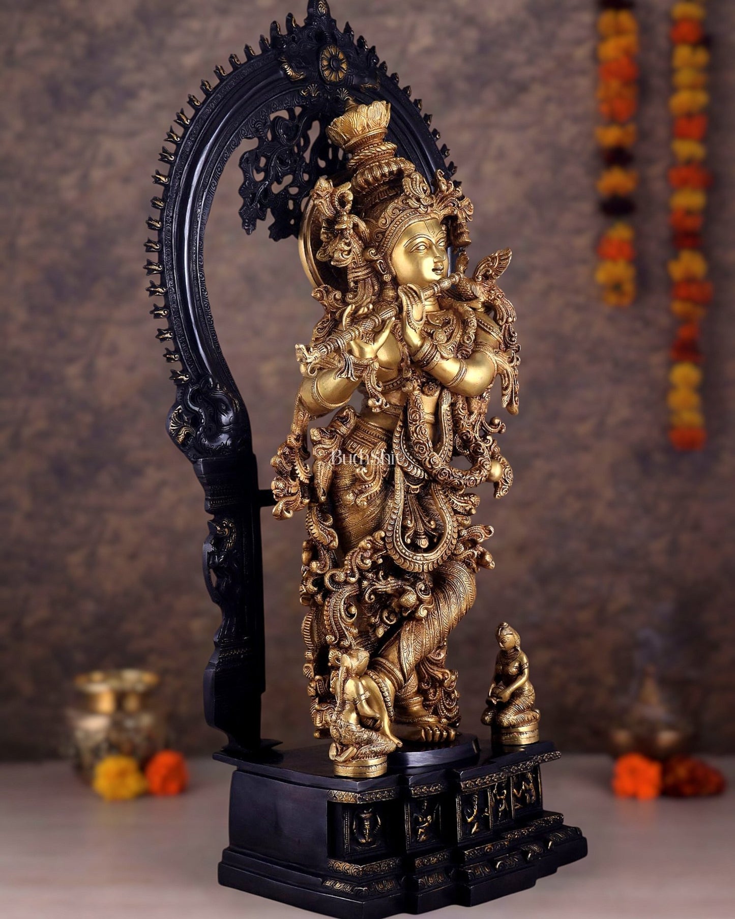 Superfine Brass dual tone Krishna Statue | Embossed Prabhaval 32" - Budhshiv.com