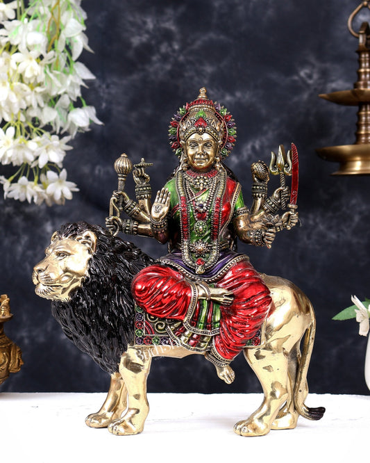 Superfine Brass Durga ambe Mata Idol 12 inch handpainted - Budhshiv.com