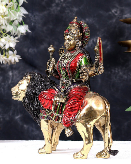 Superfine Brass Durga ambe Mata Idol 12 inch handpainted - Budhshiv.com