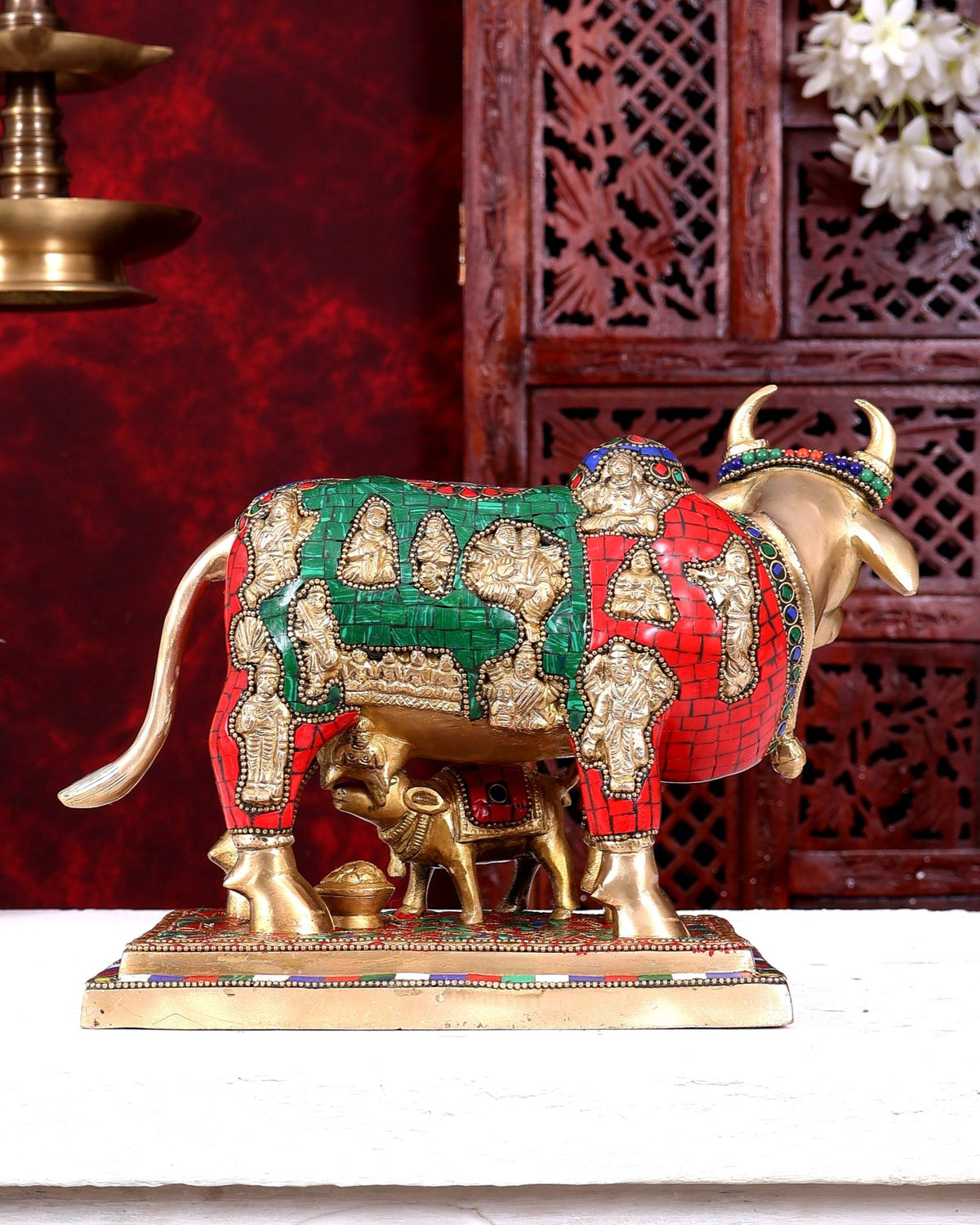 Superfine Brass Engraved Kamdhenu Cow with Calf - Murti 10 inch with stonework - Budhshiv.com