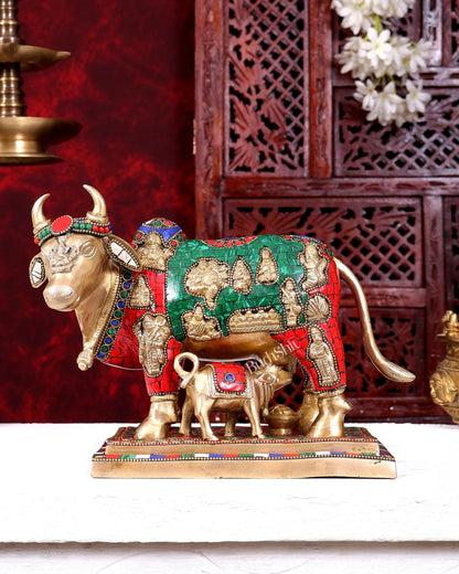 Superfine Brass Engraved Kamdhenu Cow with Calf - Murti 10 inch with stonework - Budhshiv.com
