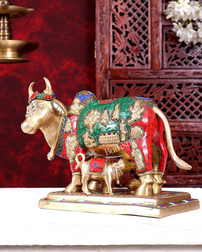 Superfine Brass Engraved Kamdhenu Cow with Calf - Murti 10 inch with stonework - Budhshiv.com