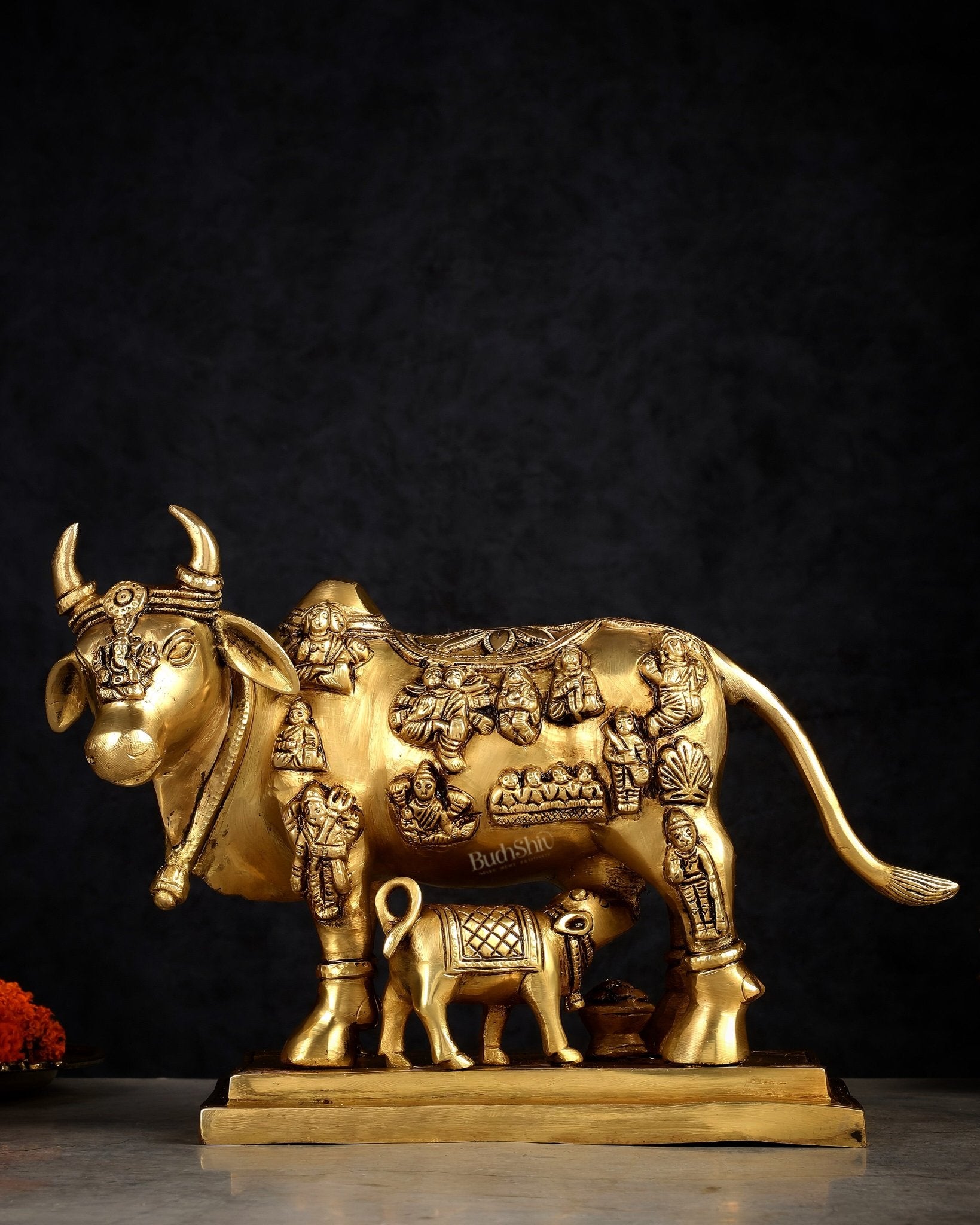 Superfine Brass Engraved Kamdhenu Cow with Calf - Murti 10" - Budhshiv.com