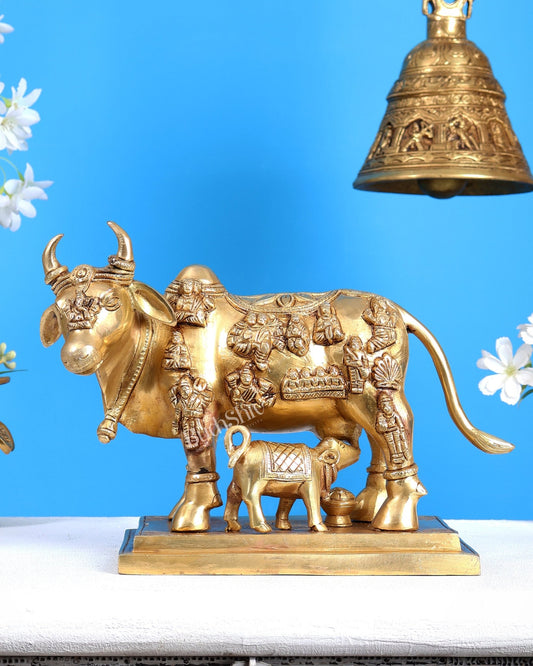 Superfine Brass Engraved Kamdhenu Cow with Calf - Murti 10" - Budhshiv.com