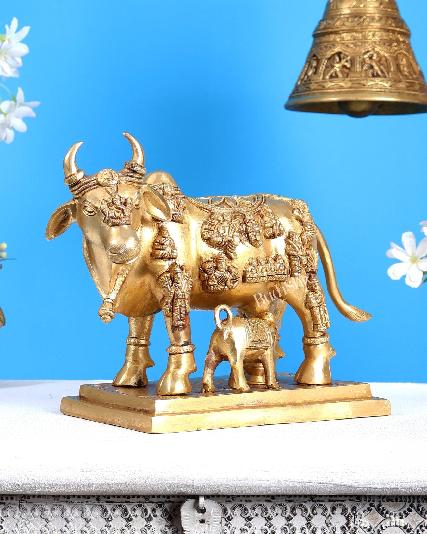 Superfine Brass Engraved Kamdhenu Cow with Calf - Murti 10" - Budhshiv.com
