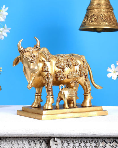 Superfine Brass Engraved Kamdhenu Cow with Calf - Murti 10" - Budhshiv.com