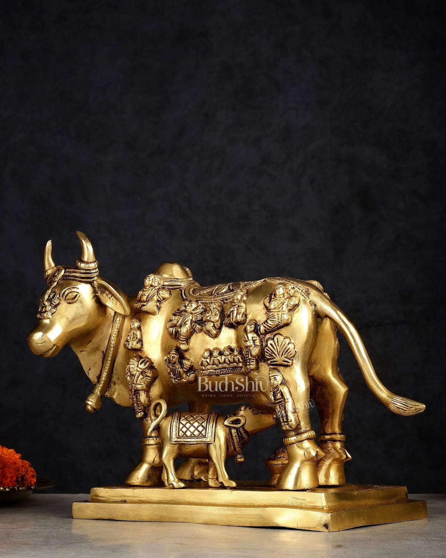 Superfine Brass Engraved Kamdhenu Cow with Calf - Murti 10" - Budhshiv.com