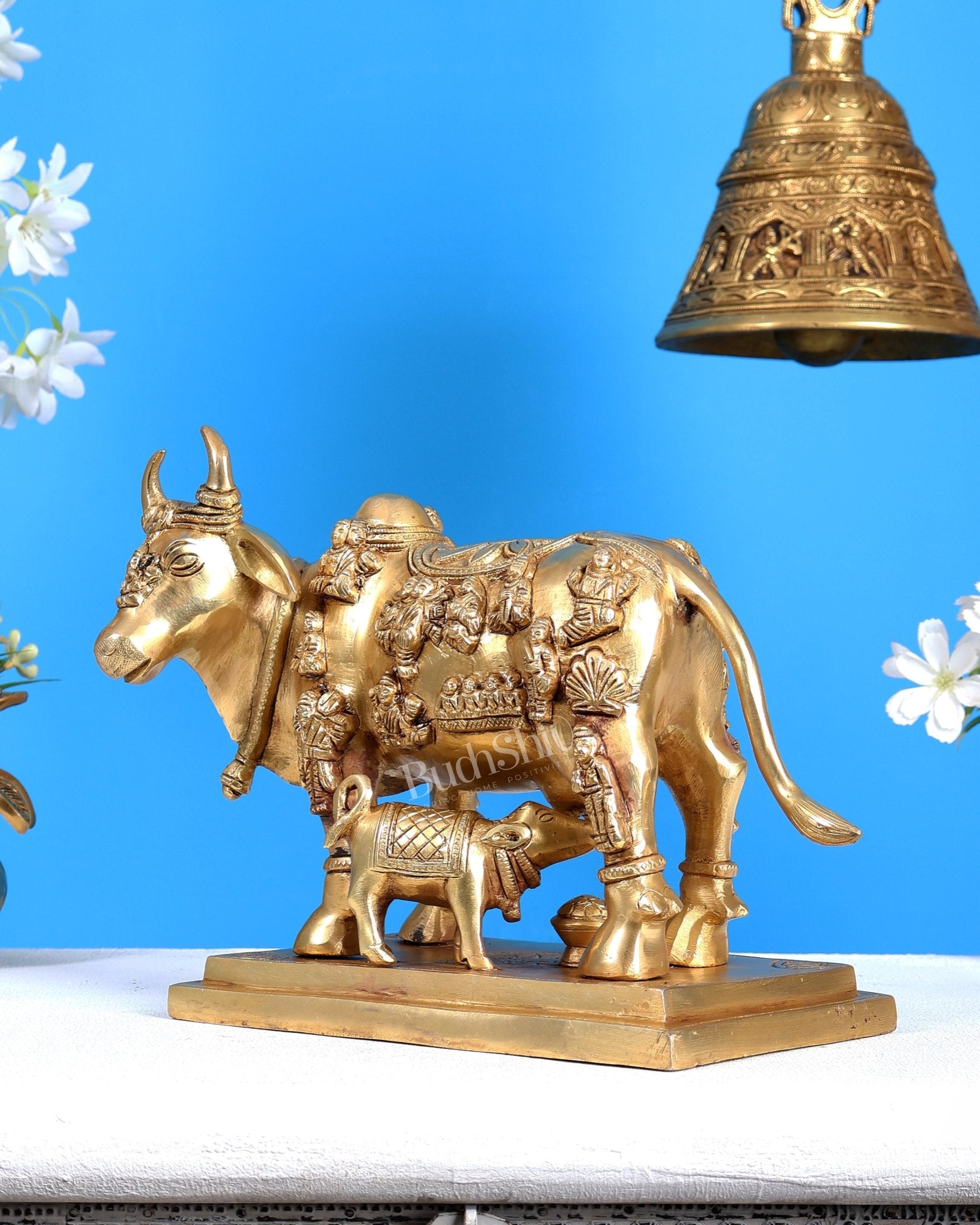Superfine Brass Engraved Kamdhenu Cow with Calf - Murti 10" - Budhshiv.com