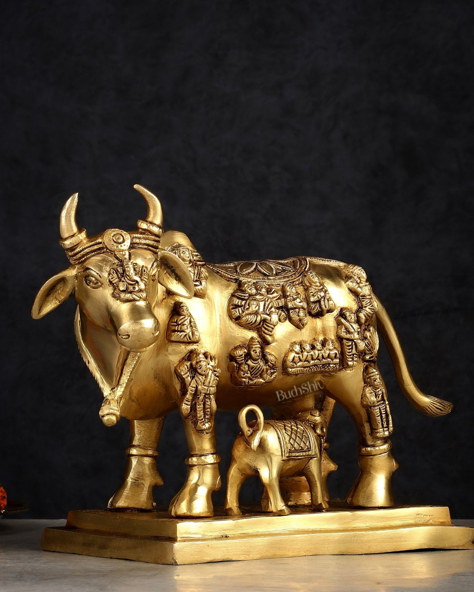 Superfine Brass Engraved Kamdhenu Cow with Calf - Murti 10" - Budhshiv.com