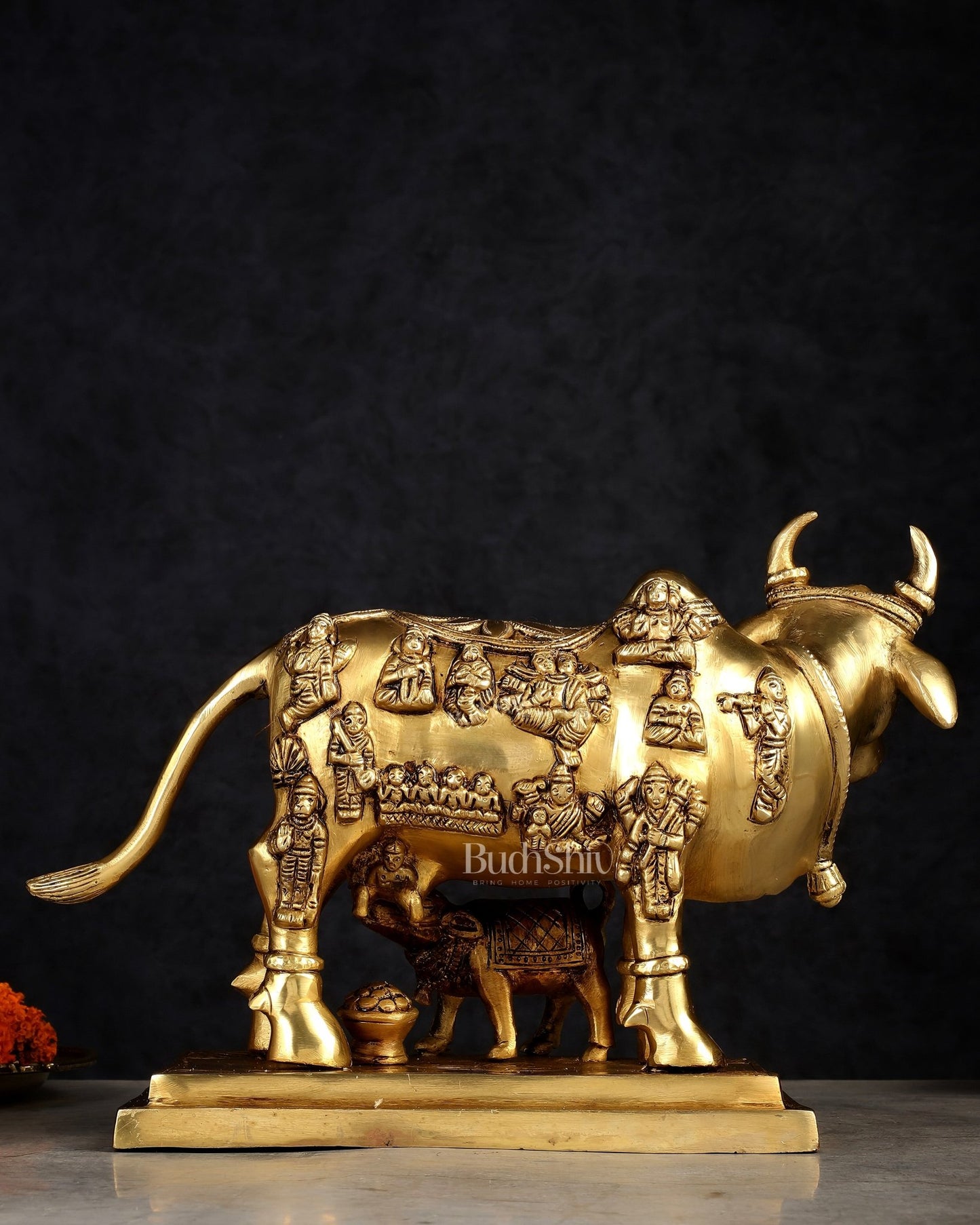 Superfine Brass Engraved Kamdhenu Cow with Calf - Murti 10" - Budhshiv.com