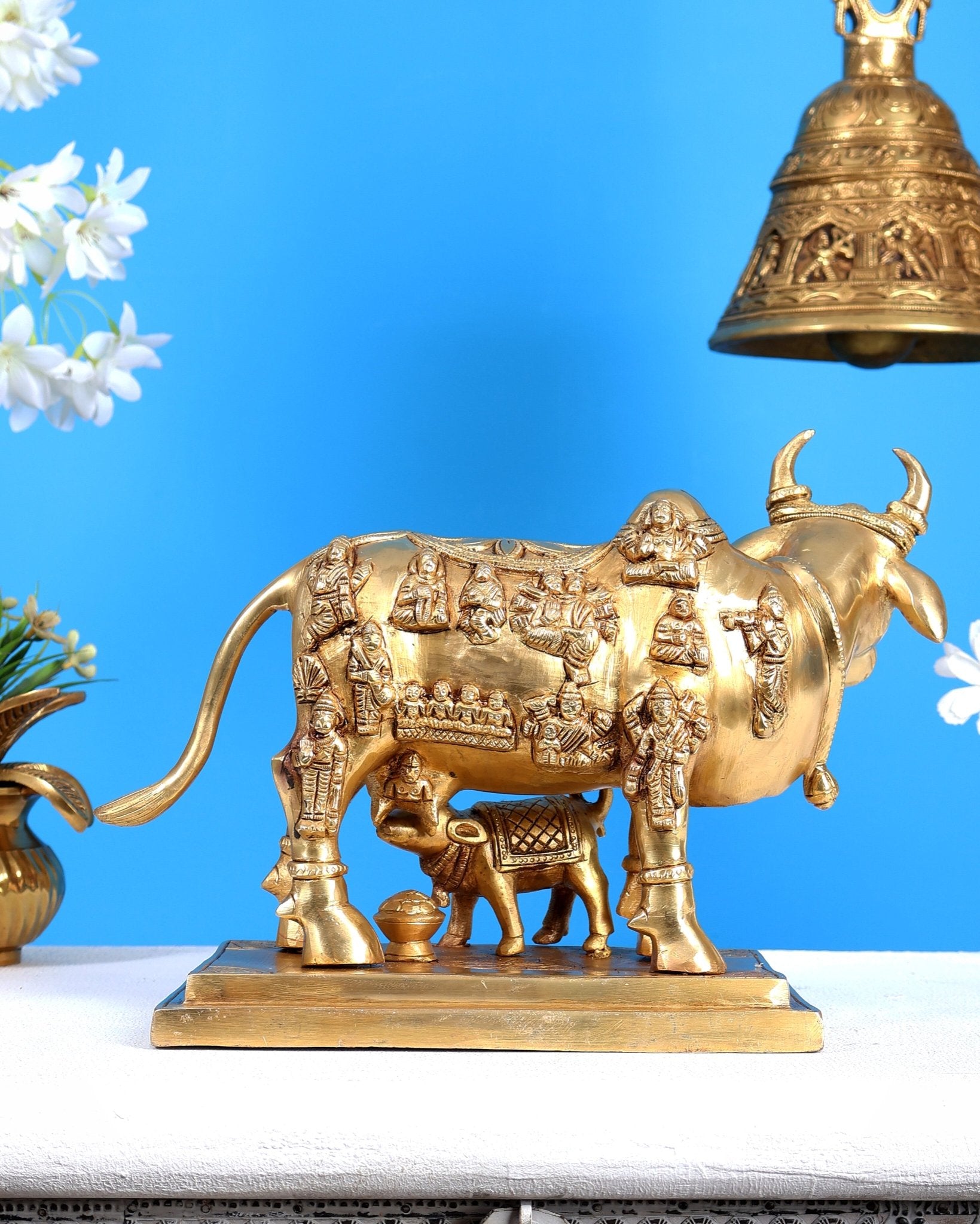 Superfine Brass Engraved Kamdhenu Cow with Calf - Murti 10" - Budhshiv.com