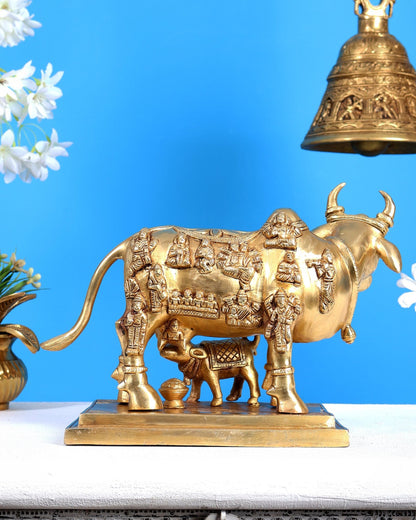 Superfine Brass Engraved Kamdhenu Cow with Calf - Murti 10" - Budhshiv.com