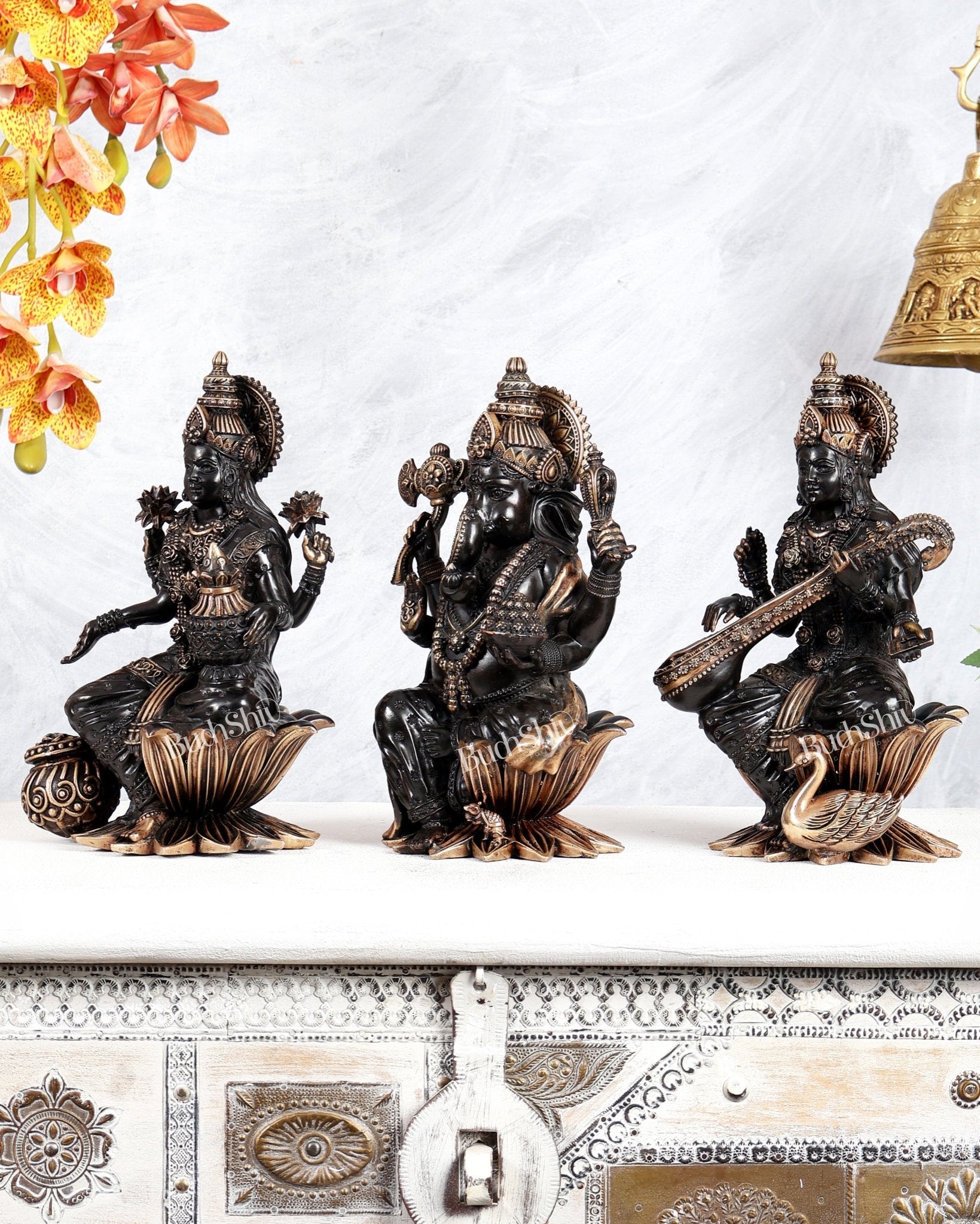 Superfine Brass Ganesh Lakshmi Saraswati Idol Set – 10 Inch black tone - Budhshiv.com