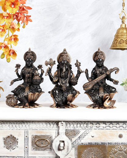 Superfine Brass Ganesh Lakshmi Saraswati Idol Set – 10 Inch black tone - Budhshiv.com