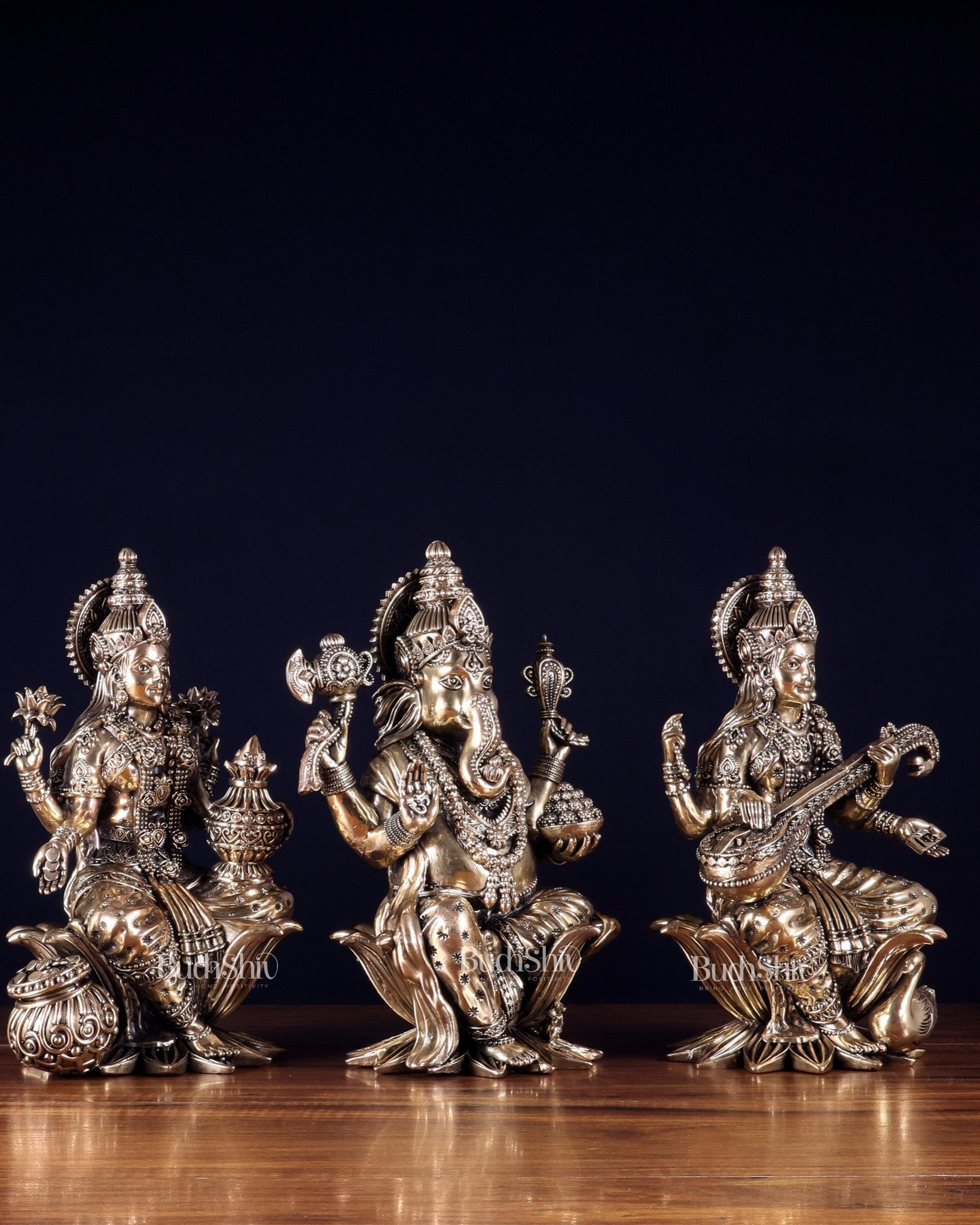 Superfine Brass Ganesh Lakshmi Saraswati Idol Set – 10 Inch - Budhshiv.com