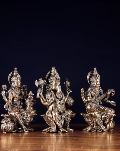 Superfine Brass Ganesh Lakshmi Saraswati Idol Set – 10 Inch - Budhshiv.com