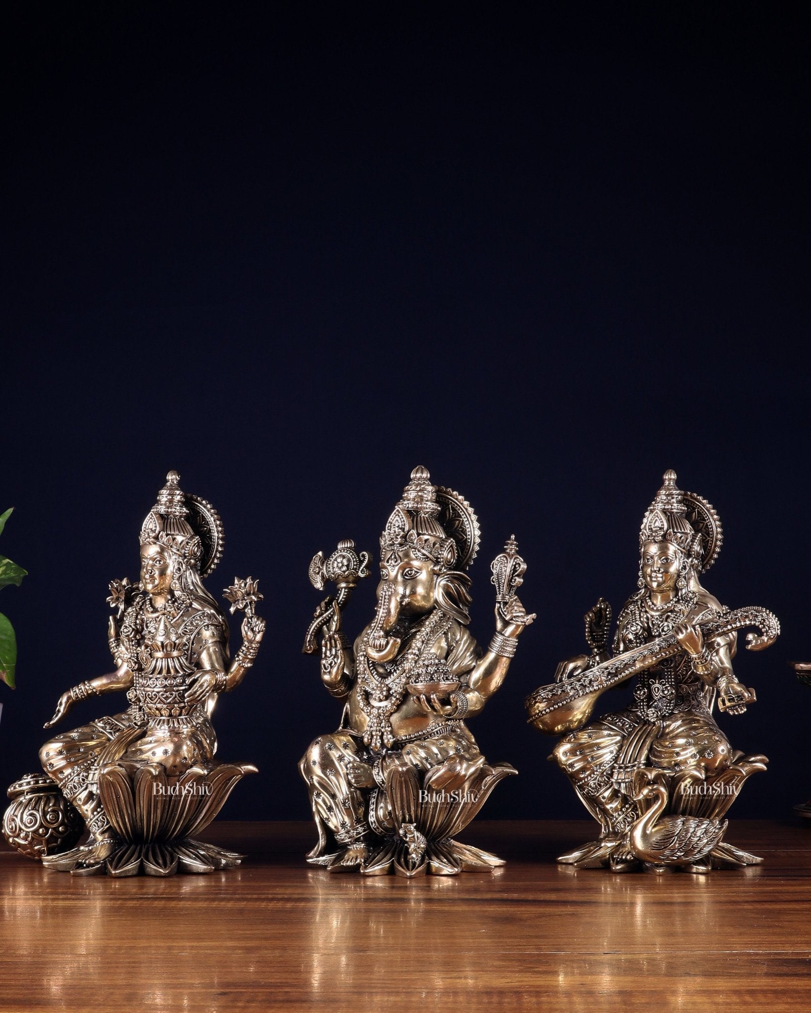 Superfine Brass Ganesh Lakshmi Saraswati Idol Set – 10 Inch - Budhshiv.com