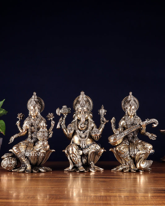 Superfine Brass Ganesh Lakshmi Saraswati Idol Set – 10 Inch - Budhshiv.com