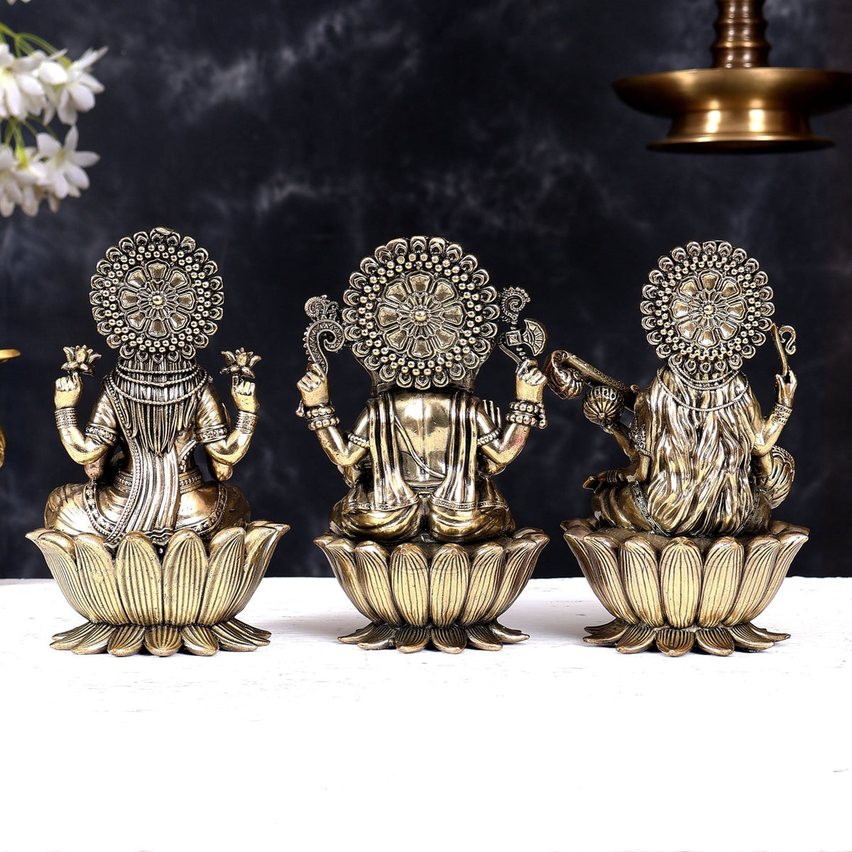 Superfine Brass Ganesh Lakshmi Saraswati Idols - 6" Tall, Set of 3 - Budhshiv.com