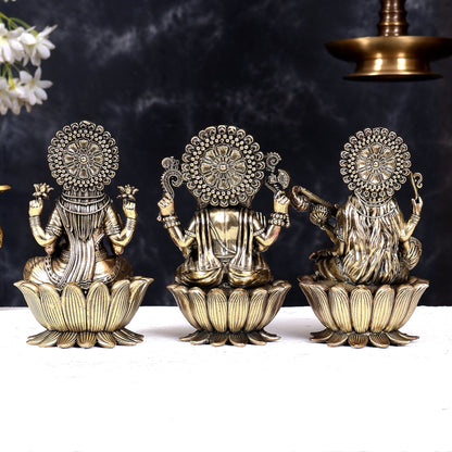 Superfine Brass Ganesh Lakshmi Saraswati Idols - 6" Tall, Set of 3 - Budhshiv.com