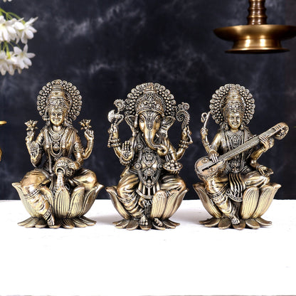 Superfine Brass Ganesh Lakshmi Saraswati Idols - 6" Tall, Set of 3 - Budhshiv.com