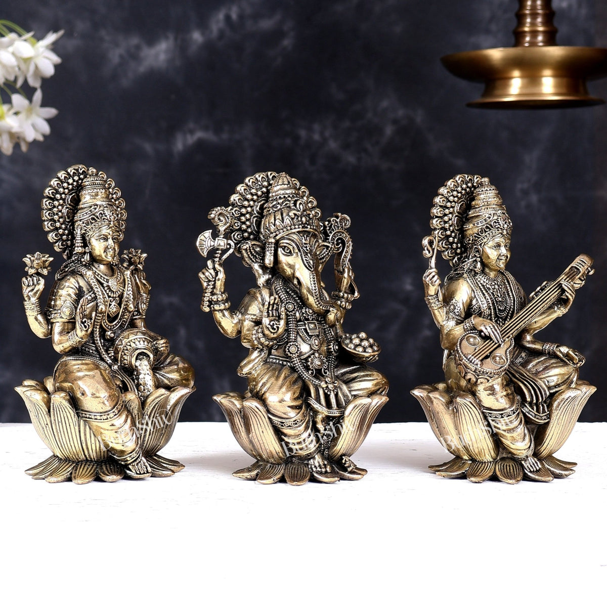 Superfine Brass Ganesh Lakshmi Saraswati Idols - 6" Tall, Set of 3 - Budhshiv.com