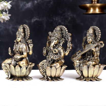 Superfine Brass Ganesh Lakshmi Saraswati Idols - 6" Tall, Set of 3 - Budhshiv.com