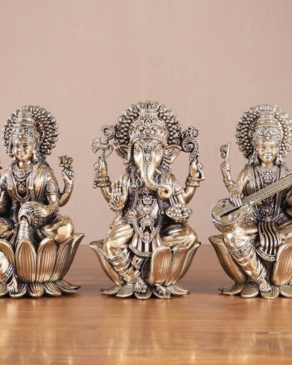 Superfine Brass Ganesh Lakshmi Saraswati Idols - 6" Tall, Set of 3 - Budhshiv.com