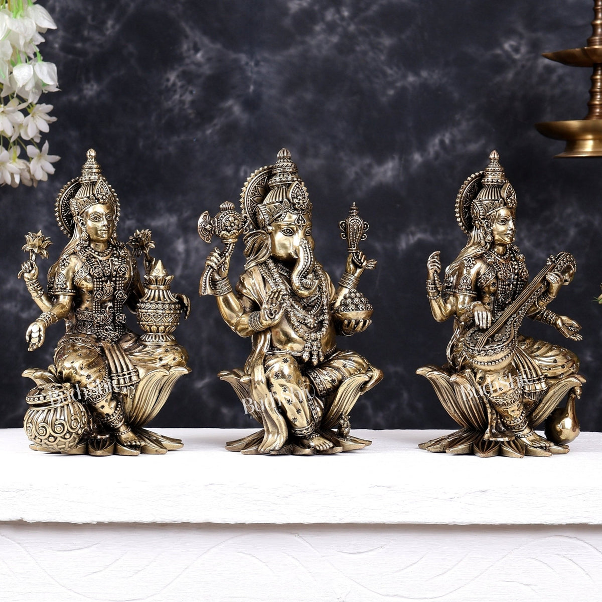 Superfine Brass Ganesh Lakshmi Saraswati on lotus Idol Set – 10 Inch - Budhshiv.com