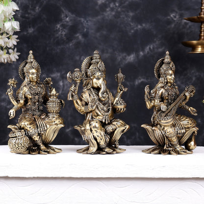 Superfine Brass Ganesh Lakshmi Saraswati on lotus Idol Set – 10 Inch - Budhshiv.com