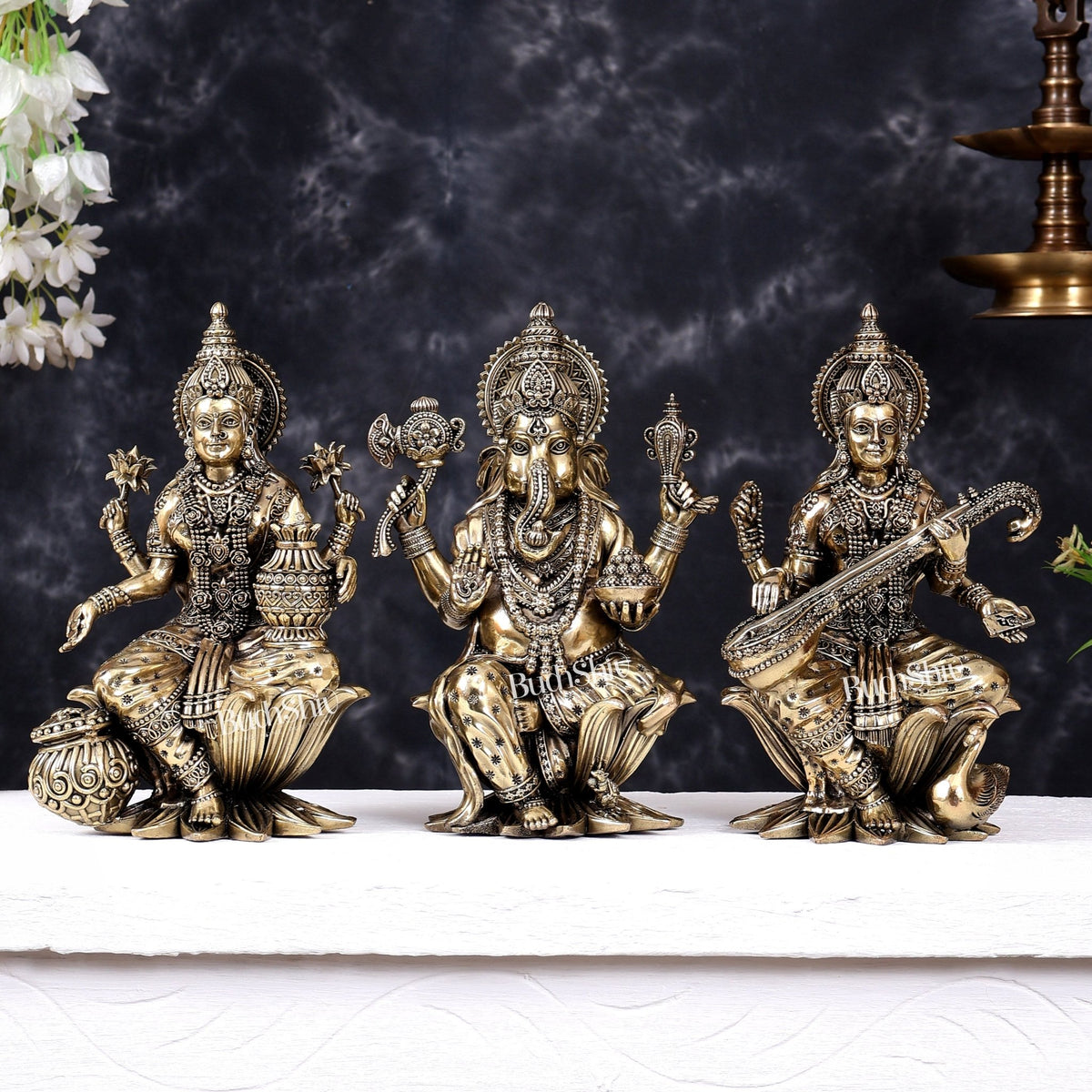 Superfine Brass Ganesh Lakshmi Saraswati on lotus Idol Set – 10 Inch - Budhshiv.com