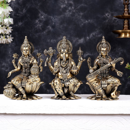 Superfine Brass Ganesh Lakshmi Saraswati on lotus Idol Set – 10 Inch - Budhshiv.com