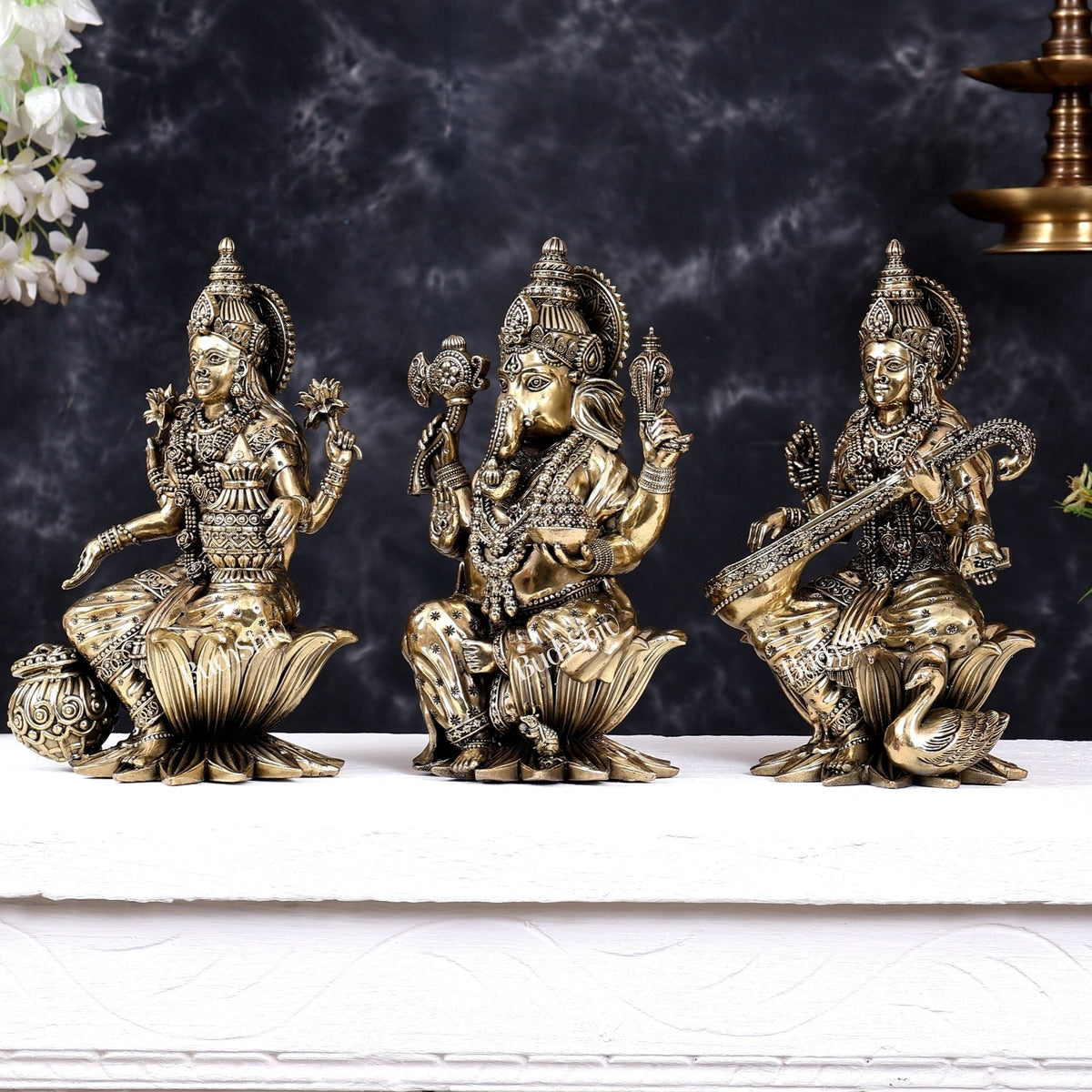 Superfine Brass Ganesh Lakshmi Saraswati on lotus Idol Set – 10 Inch - Budhshiv.com