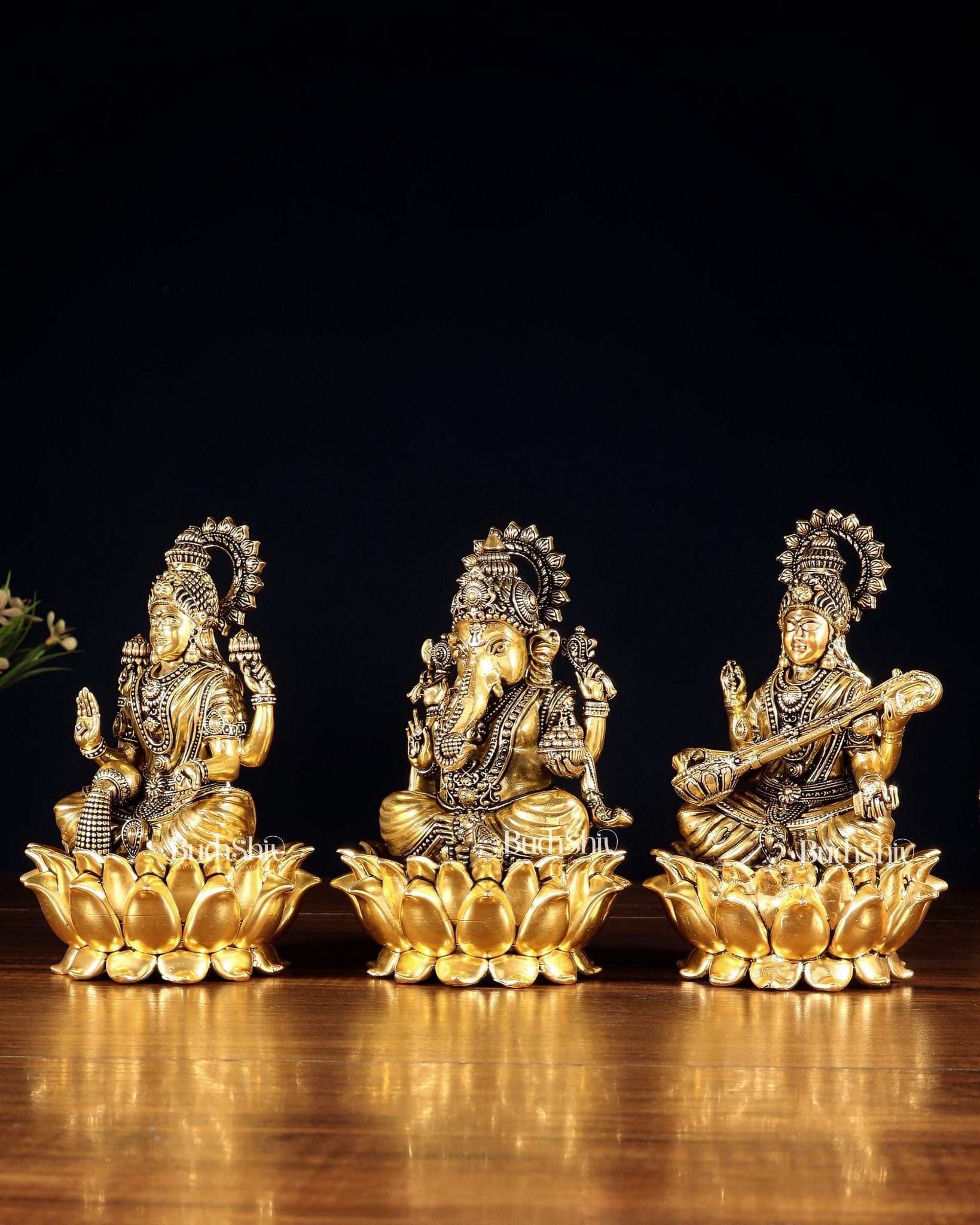 Superfine Brass Ganesh Lakshmi Saraswati Set | 6" (15.24 cm) Lotus Idols – Gold Finish - Budhshiv.com