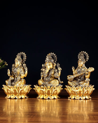 Superfine Brass Ganesh Lakshmi Saraswati Set | 6" (15.24 cm) Lotus Idols – Gold Finish - Budhshiv.com