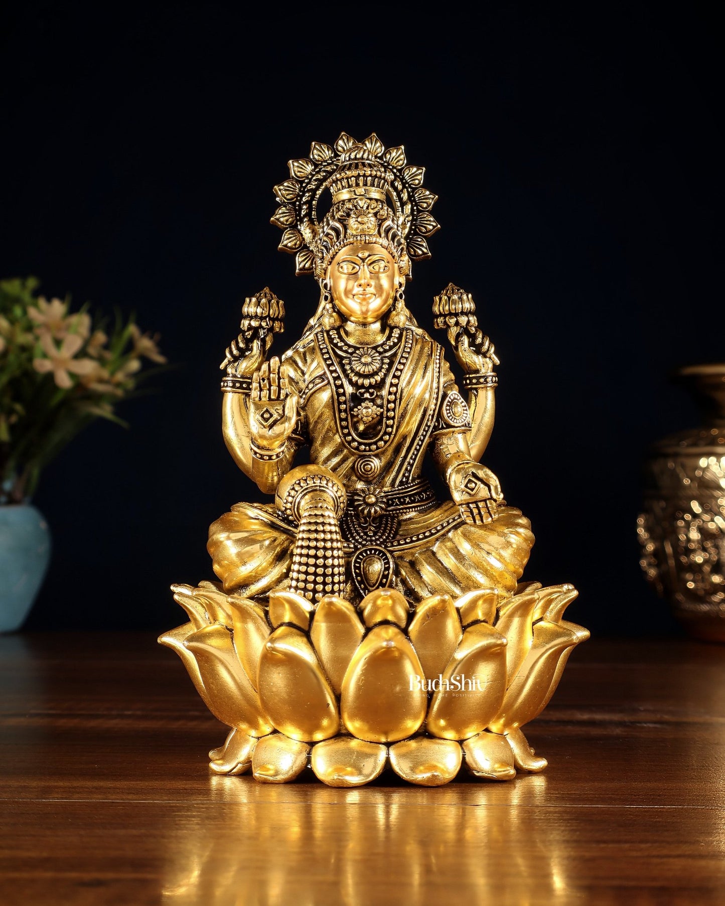 Superfine Brass Ganesh Lakshmi Saraswati Set | 6" (15.24 cm) Lotus Idols – Gold Finish - Budhshiv.com