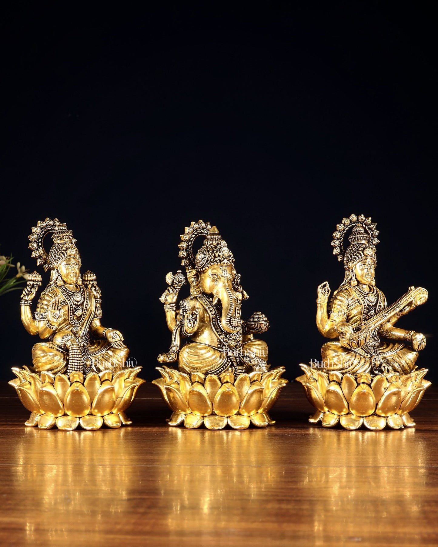 Superfine Brass Ganesh Lakshmi Saraswati Set | 6" (15.24 cm) Lotus Idols – Gold Finish - Budhshiv.com