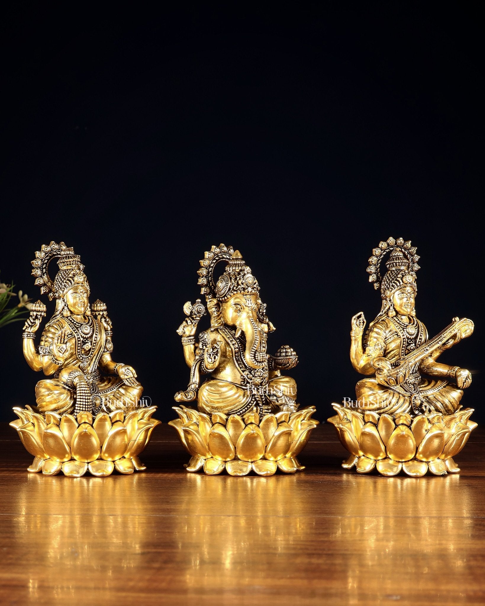 Superfine Brass Ganesh Lakshmi Saraswati Set | 6" (15.24 cm) Lotus Idols – Gold Finish - Budhshiv.com